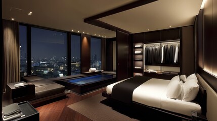 Elegant modern hotel room with city skyline view