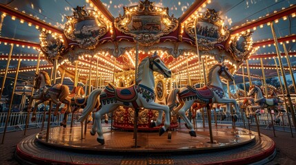 A vintage carousel with ornate horses and decorations