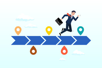 Timeline project planning, work progress milestone or step to success, plan or strategy diagram, business journey or process to reach goal concept, businessman running on project timeline milestones