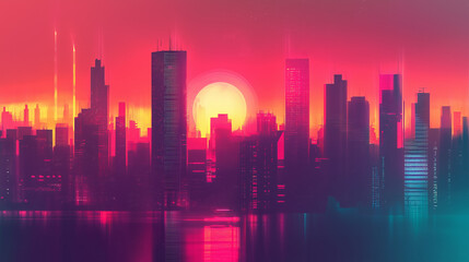 A futuristic city skyline glowing with holographic light, showcasing massive skyscrapers with an ethereal glow. v2