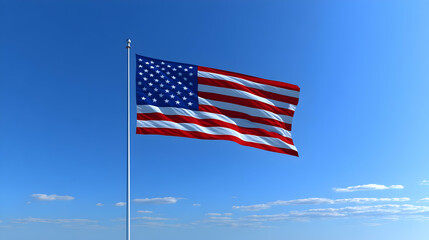 Obraz premium American Flag Waving in the Wind Against Blue Sky.