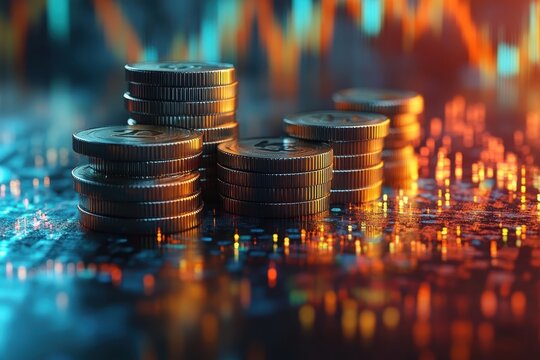 Coins on a digital chart, symbolizing modern economic growth