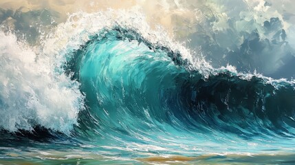 Obraz premium Close-up of a turquoise ocean wave crashing against the surface, creating a foamy white crest