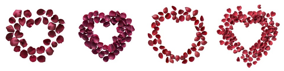 Fototapeta premium Heart shapes made from red rose petals on a white background, perfect for romantic themes.