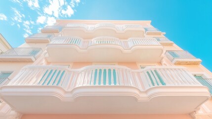 A large building with a balcony and a blue sky in the background