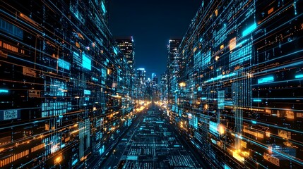 Futuristic Cityscape of Glowing Data Streams and Privacy Walls Protecting Sensitive Buildings