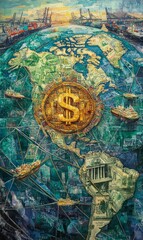 Dollar sign on a world map with ships.