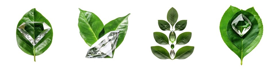 Various green leaves with unique patterns, white isolated background.