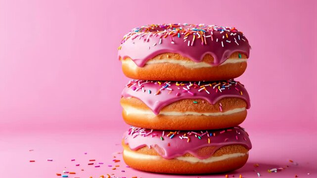 A stack of three pink glazed donuts with sprinkles sits on a pink background