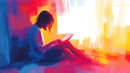 Naklejka premium Woman Working on Laptop in Colorful Room.