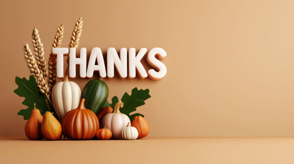 A festive autumn arrangement featuring colorful pumpkins, wheat, and the word "THANKS," conveying gratitude and the spirit of harvest season.
