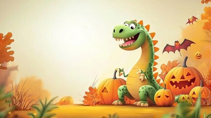 Fototapeta premium Halloween Dinosaurs Dinosaur s playing with Halloween pumpkins, trick-or-treat setting, flat design illustration