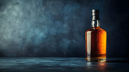 Whiskey Bottle on a Dark Blue Background.