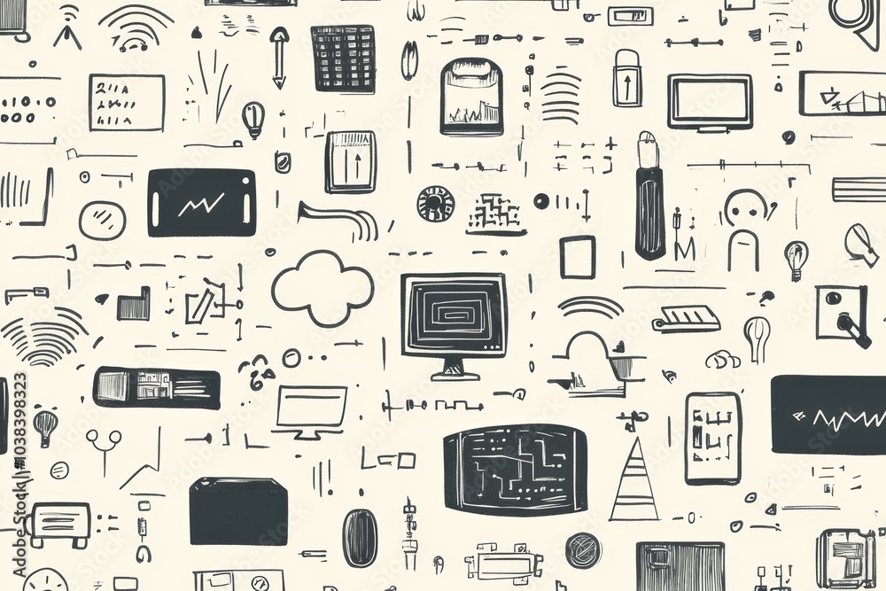 Poster A collection of hand-drawn doodles displays various technology items, including computers, smartphones, and coding symbols, in a creative layout. Generative AI