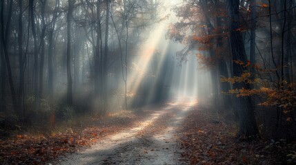 Obraz premium A foggy forest path with shafts of light piercing through the mist, creating a dramatic effect