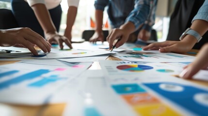 Fototapeta premium A group of people are looking at a table full of graphs and charts
