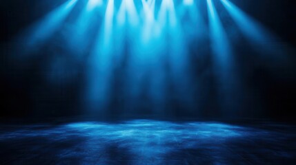 blue spotlights cast a soft glow on a dark stage floor, creating a mesmerizing backdrop ideal for performances, events, or artistic displays