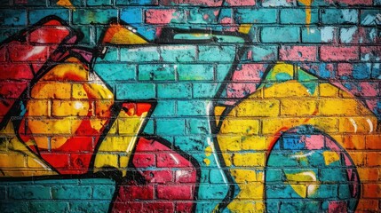 Obraz premium bold graffiti art splashed across a worn brick wall, vibrant colors and intricate designs illustrating urban creativity and street culture