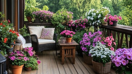 A picturesque balcony scene featuring cozy chairs, a rustic wooden table, and a variety of blooming potted flowers, inviting relaxation and serenity.