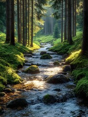 Obraz premium A serene forest scene featuring a gentle stream winding through tall trees, illuminated by soft sunlight filtering through the foliage.