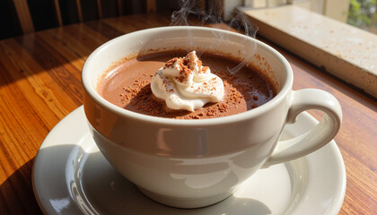 Hot chocolate with whipped cream in sunlit caf&eacute; on wooden table