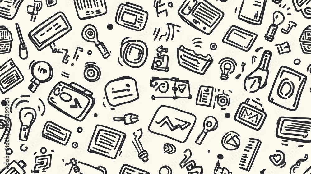 Aufkleber a collection of hand-drawn doodles featuring various technology items like computers, smartphones, a