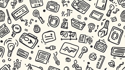 A collection of hand-drawn doodles featuring various technology items like computers, smartphones, and coding symbols in an artistic layout. Generative AI