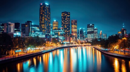 Obraz premium Illuminated Cityscape at Night with Glowing Reflections