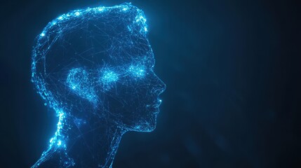 Obraz premium Futuristic polygonal 3d man made of glowing linear polygons in dark blue color. Abstract illustration for online business, it, network, support, services app concept.