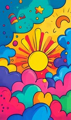 Naklejka premium Colorful cartoon sun with clouds and stars.