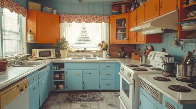 A 1970s-style kitchen with retro appliances and decor