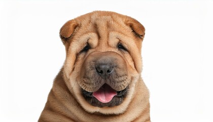 笑顔のシャー・ペイの子犬のポートレート（Portrait of a smiling Shar-Pei puppy on white background）
