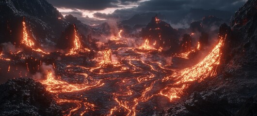 A molten planet where the surface is covered in a vast sea of lava. Massive, glowing waves of molten rock roll across the landscape
