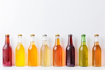 Kombucha mushroom.Kombucha.Fermented kombucha tea.A collection of colorful kombucha bottles with different flavors arranged on a white background.Copy space on the top.