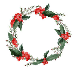 Watercolor illustration of a wreath of Christmas green branches and holly. New Year's home decor. Round winter frame with free space for text