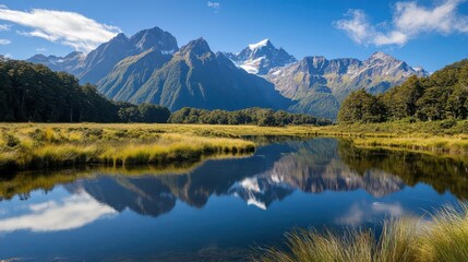 breathtaking mountain meadows framed by towering peaks, reflecting a serene lake that captures the surrounding lush greenery and the clear blue sky above