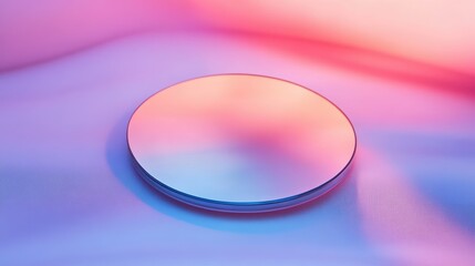 A small, circular glass mirror on a flat surface reflecting a soft gradient of colors, evoking a tranquil visual mood