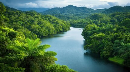 breathtaking tropical rainforest teeming with life, featuring dense green foliage, sparkling rivers, and a vibrant panorama reminiscent of the amazon, inviting exploration and appreciation of nature