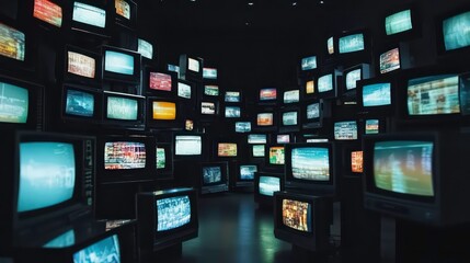 A wall of vintage televisions with static and colorful images playing on their screens, in a dark room, creating a sense of overwhelming information.