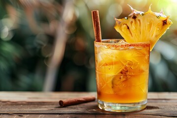 Tepache.Fermented pineapple drink.Traditional mexican tepache.A glass of tepache with a pineapple slice and cinnamon stick on a wooden table