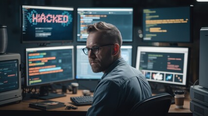 A focused hacker analyzes code on multiple monitors, revealing a high-tech workspace filled with screens and programming data.