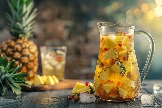 A pitcher of homemade tepache with a pineapple and spice mix visible in the background, served with ice cubes in a glass.Fermented pineapple drink.Tepache.Traditional mexican tepache.