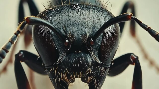 A close-up shot of a black ant's head, showing its intricate eyes and mandibles