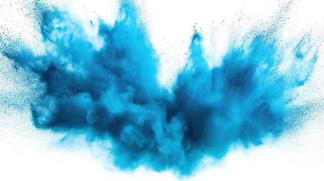 bright cyan blue powder bursting in an explosion of color, reminiscent of the holi festival, set against a crisp white background, conveying energy and vibrancy
