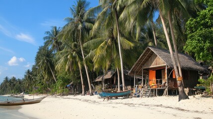 Serene Beachfront with Traditional Wooden Bungalows