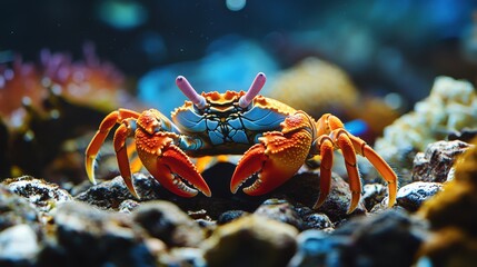 A red crab or fiddler crab hiding among rocks or coral reefs