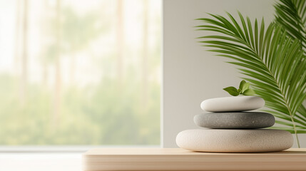 A stack of rocks with a leaf on top