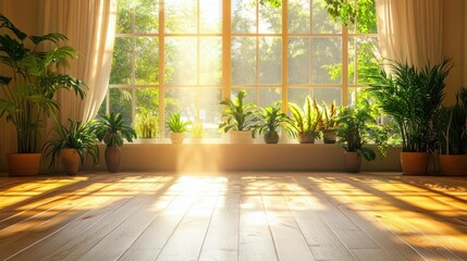 bright, airy room featuring a smooth wooden floor, lush green plants scattered around, and large windows allowing sunlight to cascade in, promoting a serene and refreshing atmosphere