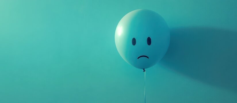 Blue balloon with a sad face against a teal background.