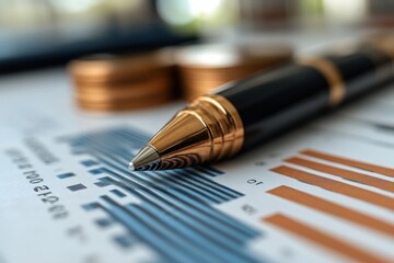 Fototapeta premium Close-up of a luxurious pen resting on financial charts and coins in a business setting
